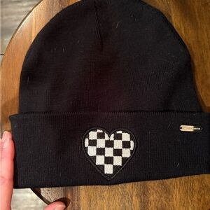 Steve Madden Black and White Checkered Heart Beanie
